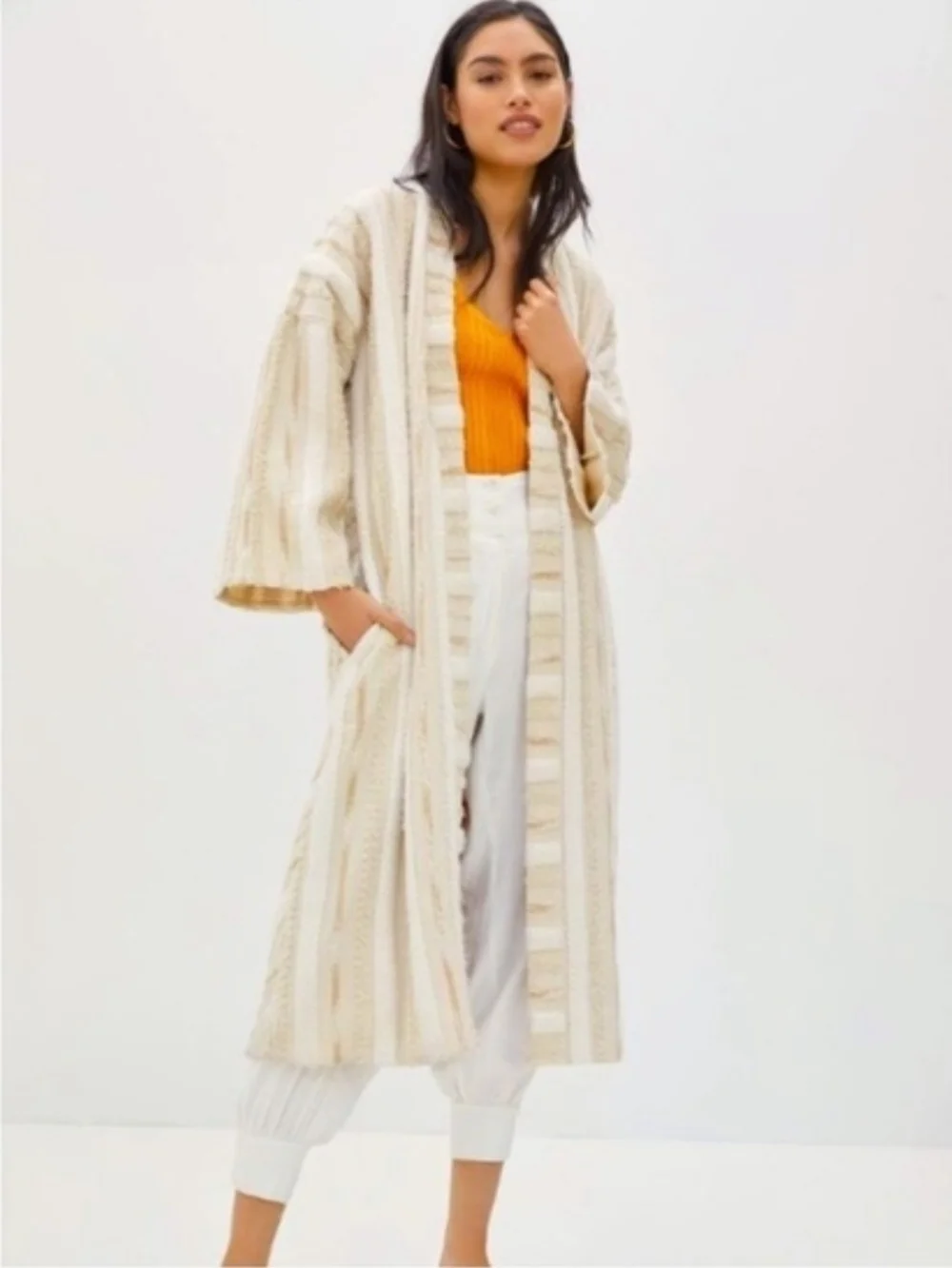 Anthropologie Cream Striped Open-Front Knit Duster